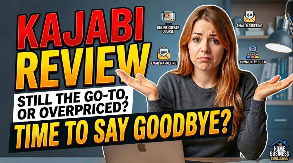 A YouTube thumbnail image featuring Becca Newton with an uncertain expression shrugging, next to large bold text that reads KAJABI REVIEW. STILL THE GO-TO, OR OVERPRICED? TIME TO SAY GOODBYE?. The image includes icons for online courses, email marketing, and community building, with a logo for The Home Business Challenge in the corner.