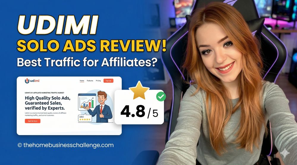A wide YouTube-style featured image for a Udimi Solo Ads review, featuring Becca Newton in a gaming chair next to a 4.8/5 star rating and the website URL simplywebcraft.com