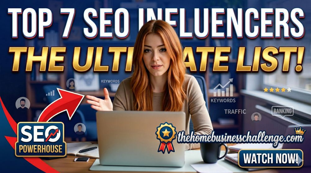A high-energy YouTube thumbnail featuring Becca Newton at a desk with a laptop. Large, bold text reads TOP 7 SEO INFLUENCERS THE ULTIMATE LIST! with professional graphics including an SEO Powerhouse badge, growth charts, and the URL simplywebcraft.com