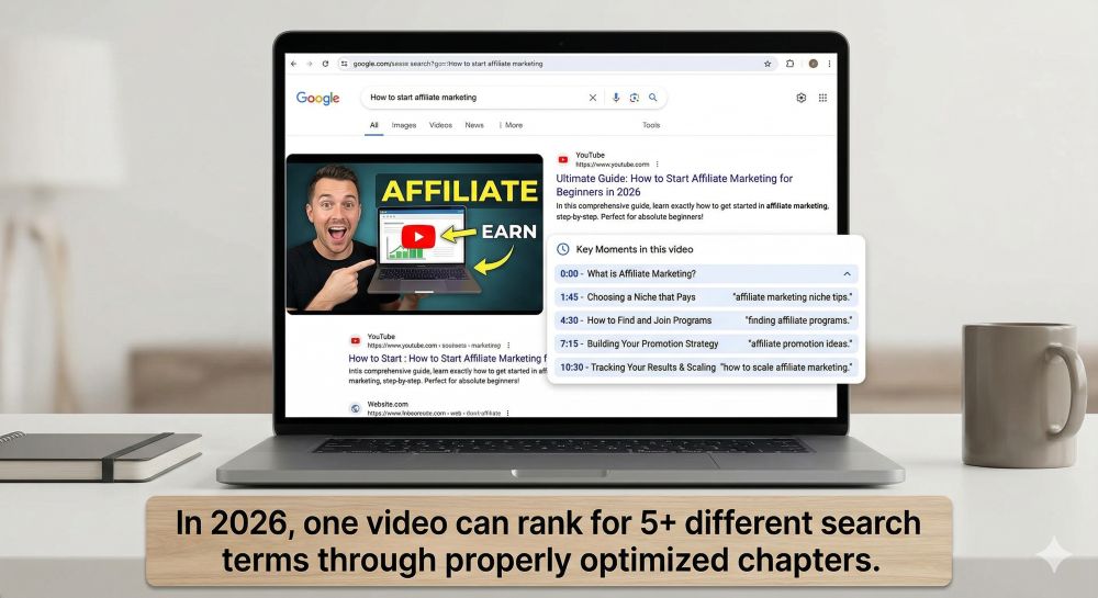 A mock-up of a 2026 Google Search result for the query 'How to start affiliate marketing' displayed on a laptop. The top result is a YouTube video featuring a 'Key Moments' dropdown menu with five optimized chapters: 'What is Affiliate Marketing?', 'Choosing a Niche', 'How to Find Programs', 'Building Your Strategy', and 'Tracking Results.' A caption below reads: 'In 2026, one video can rank for 5+ different search terms through properly optimized chapters.