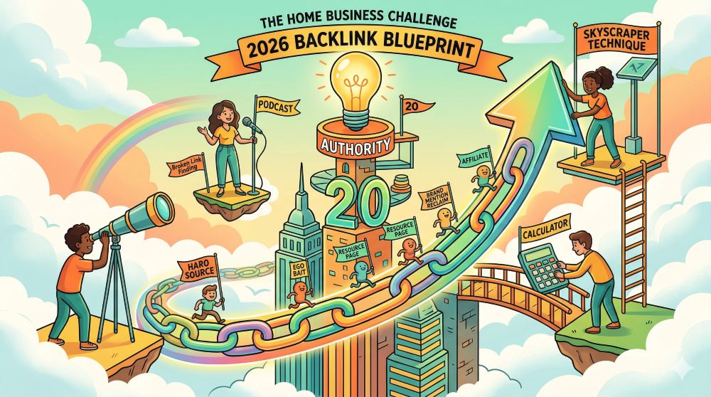 Whimsical illustration of entrepreneurs collaborating on a cloud-based building labeled 'AUTHORITY'. They are using fun, cartoon-style icons like a telescope, microphone, calculator, and building blocks to visualize 20 specific '2026 Backlink Blueprint' strategies. The image is energetic, playful, and signifies creative growth for simplywebcraft.com.