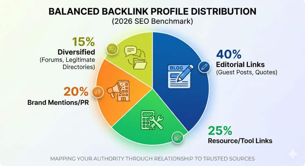 A pie chart titled 'Balanced Backlink Profile Distribution (2026 SEO Benchmark)' illustrating a diverse link portfolio. It is divided into four main sections: 40% Editorial Links (Guest Posts, Quotes), 25% Resource/Tool Links, 20% Brand Mentions/PR, and 15% Diversified (Forums, Legitimate Directories). Each segment has a small, matching icon. A subtitle reads: 'Mapping Your Authority Through Relationship to Trusted Sources'.