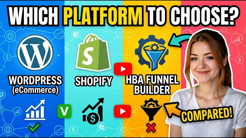 Which website platform to use? Becca Newton beside the three choices between WordPress, Shopify, and HBA Funnel Builder