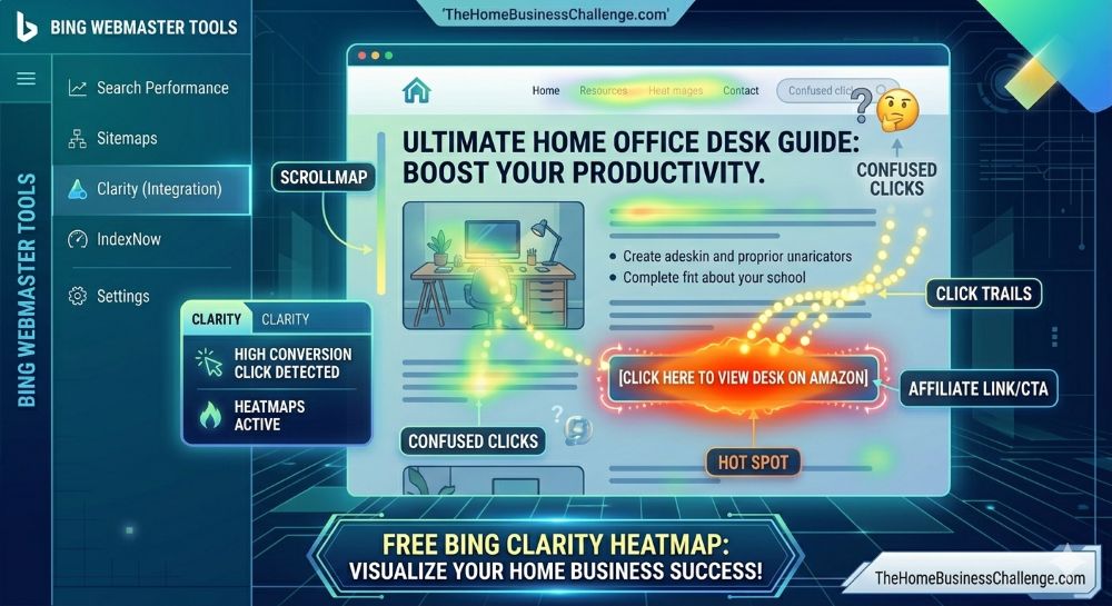 A simulated screenshot of a blog post on TheHomeBusinessChallenge.com featuring a Bing Clarity heatmap. It shows a 'hot spot' of user clicks over an Amazon affiliate link, along with scrollmaps and click trails, demonstrating how to track user behavior.