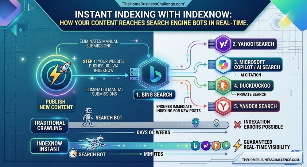 A network diagram comparing traditional crawling to IndexNow instant indexing. It shows how a new post is pushed instantly to Bing, Yahoo, DuckDuckGo, and Microsoft Copilot, reducing indexing time from days to minutes