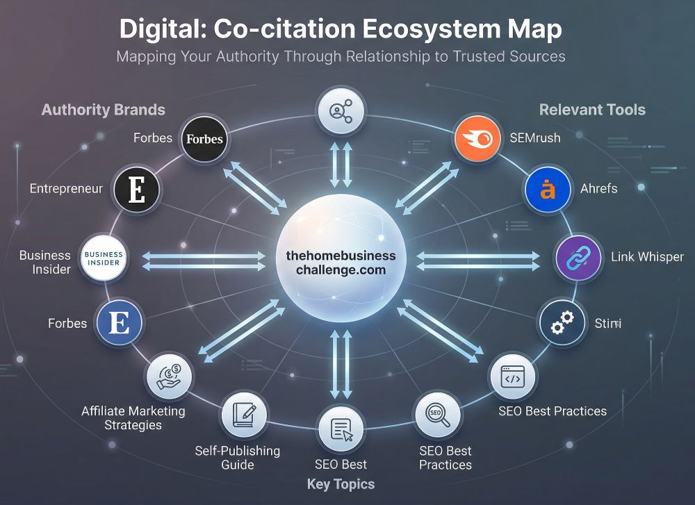 A conceptual network map titled 'The Co-citation Ecosystem (2026 AI Visibility)' shows the website 'simplywebcraft.com' in the center, surrounded by a ring of interconnected 'Associated Entities'. Nodes include 'Forbes', 'HubSpot', 'Link Whisper', 'Affiliate Marketing Strategies', 'Self-Publishing Guide', and 'SEO Best Practices'. Double-sided arrows connect the center to these entities, illustrating how contextual mentions and links train search engines and AI models to recognize the website as a trusted authority. A subtitle reads: 'Mapping Your Authority Through Relationship to Trusted Sources'.