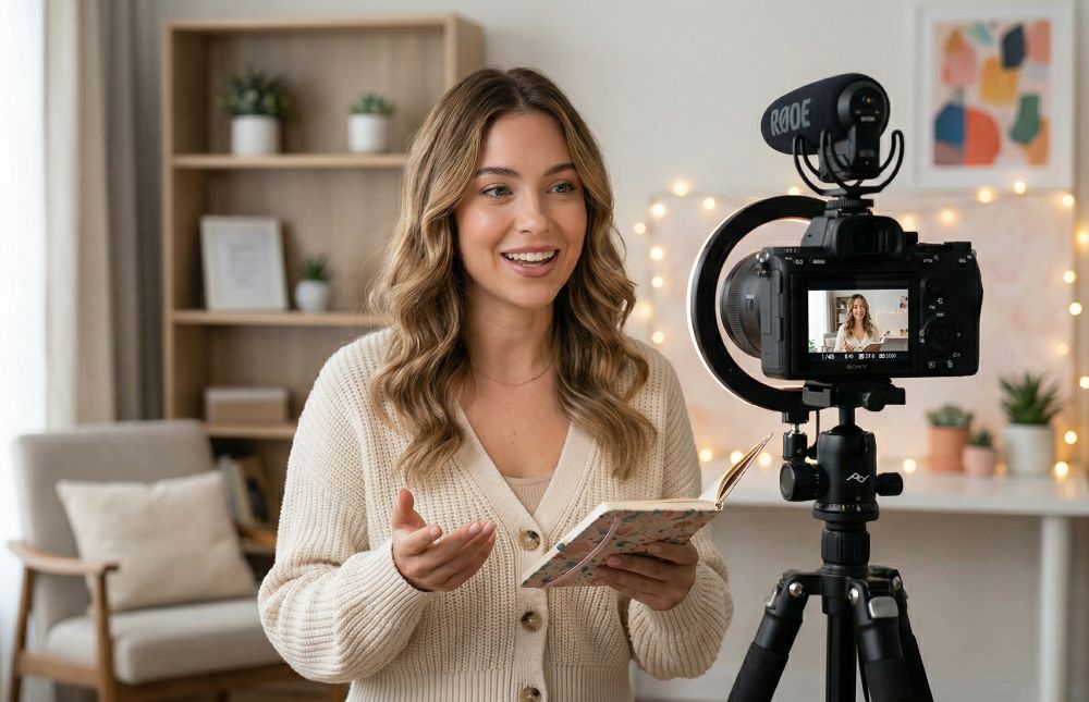 A smiling young woman with wavy hair recording a video in a bright, modern home office. She is holding a small notebook and gesturing toward a professional camera mounted on a tripod with a ring light and microphone.