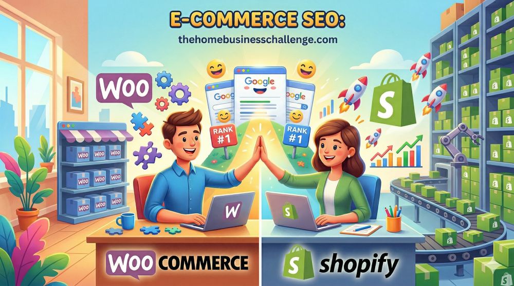 A vibrant, split-screen illustration for simplywebcraft.com comparing E-commerce SEO for WooCommerce and Shopify. On the left, a man works at a laptop with WooCommerce branding and puzzle pieces; on the right, a woman works with Shopify branding and a large warehouse background. Both screens lead to a central Google search page showing "#1 Rank" results.