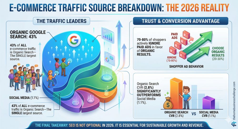An e-commerce traffic infographic for simplywebcraft.com titled "The 2026 Reality." It features a 3D pie chart showing organic Google search as the leader at 43%, a bar graph highlighting that organic search conversion rates (2.8%) outperform social media (1.1%), and a visual showing that 70-80% of shoppers ignore paid ads.