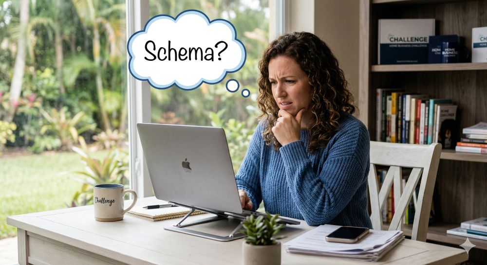 A woman in a home office sitting at a white desk, looking at her laptop screen with a confused and pensive expression. She has her hand on her chin as she puzzles over her work. Above her head is a whimsical blue thought bubble with the word Schema? written in a friendly font. The background shows a bright, natural window view and a bookshelf with business-related materials, capturing the feeling of a home business owner tackling a technical SEO challenge.