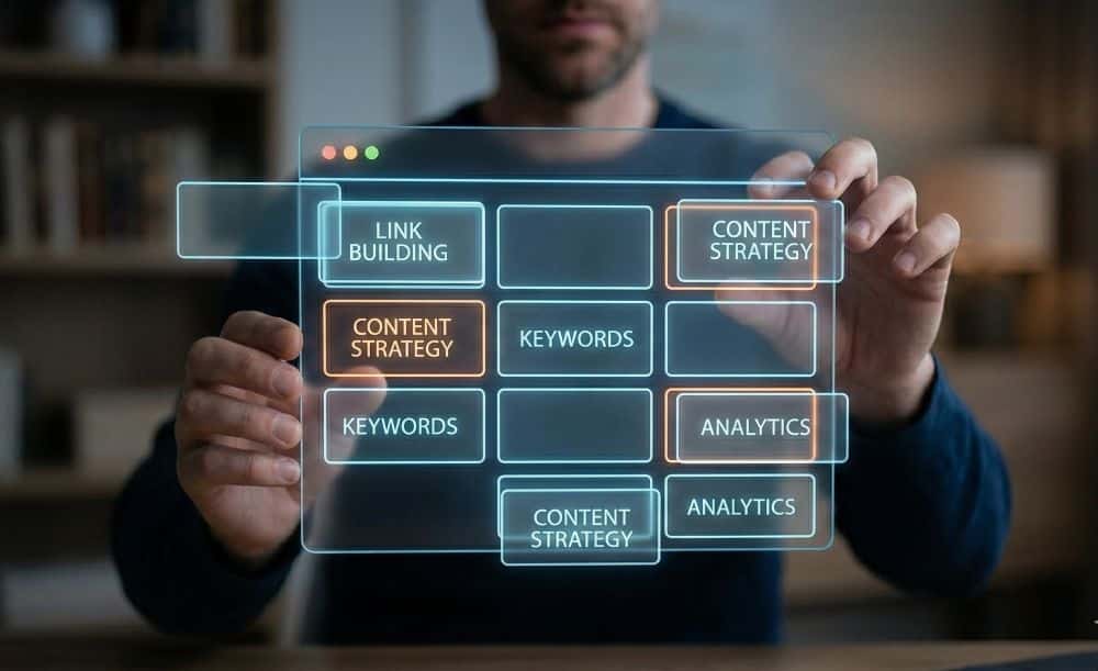 man moves the blocks of foundational seo elements like link building, content strategy, and keywords.