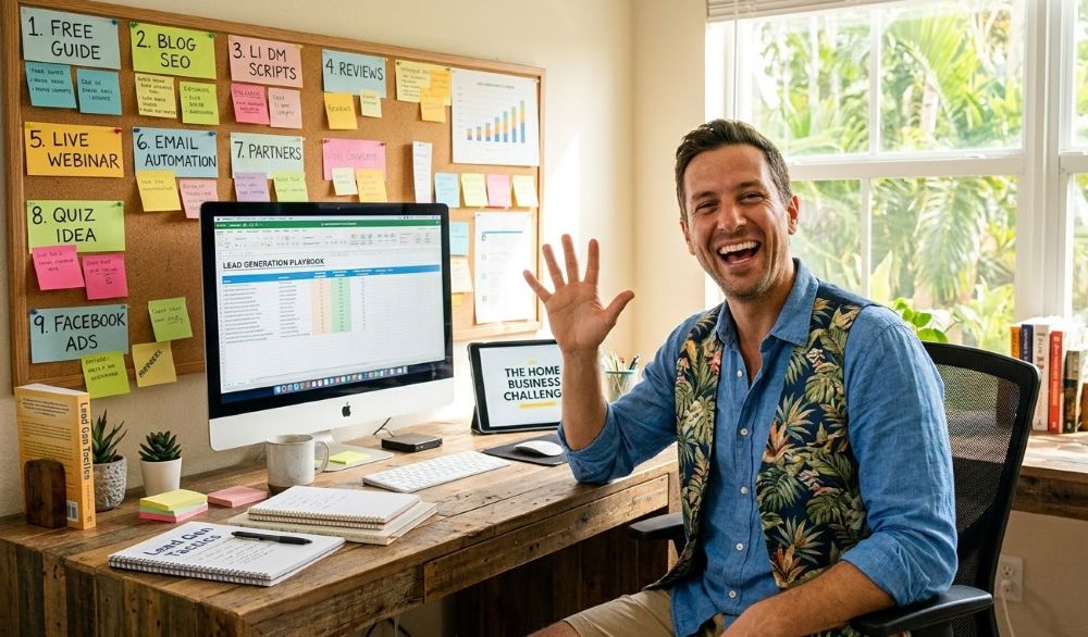 A realistic photograph of a friendly, energetic home business owner smiling broadly and pointing to a large, colorful cork bulletin board covered in handwritten sticky notes, outlines, and charts. The board is organized with numbers 1 through 9, visually representing the '9 Proven Strategies to Generate Leads.' The background is a clean, sunny home office in Weston, Florida. A laptop on the desk displays a spreadsheet titled 'Lead Gen Playbook.' The atmosphere is optimistic and professional.