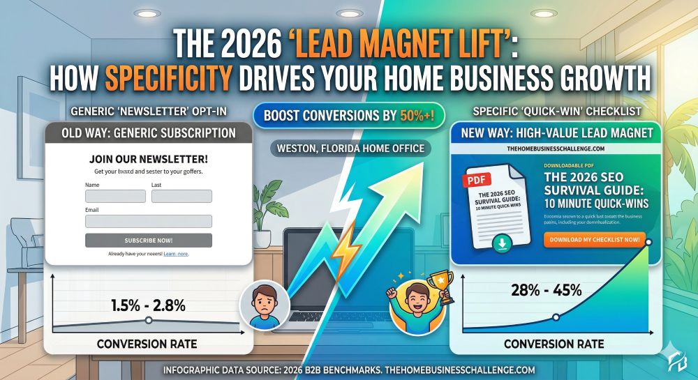 A modern infographic comparison titled 'THE 2026 LEAD MAGNET LIFT: HOW SPECIFICITY DRIVES HOME BUSINESS GROWTH'. The image is split, with the left 'OLD WAY' showing a basic form labeled 'JOIN OUR NEWSLETTER' and a flat conversion line peaking at 2.8%. The right 'NEW WAY' shows a high-value landing page mockup titled 'THE 2026 SEO SURVIVAL GUIDE: 10 MINUTE QUICK-WINS' with a visual checklist graphic. The right-side conversion graph shows a steep upward curve reaching 45%. A central graphic states: 'BOOST CONVERSIONS BY 50%+!'
