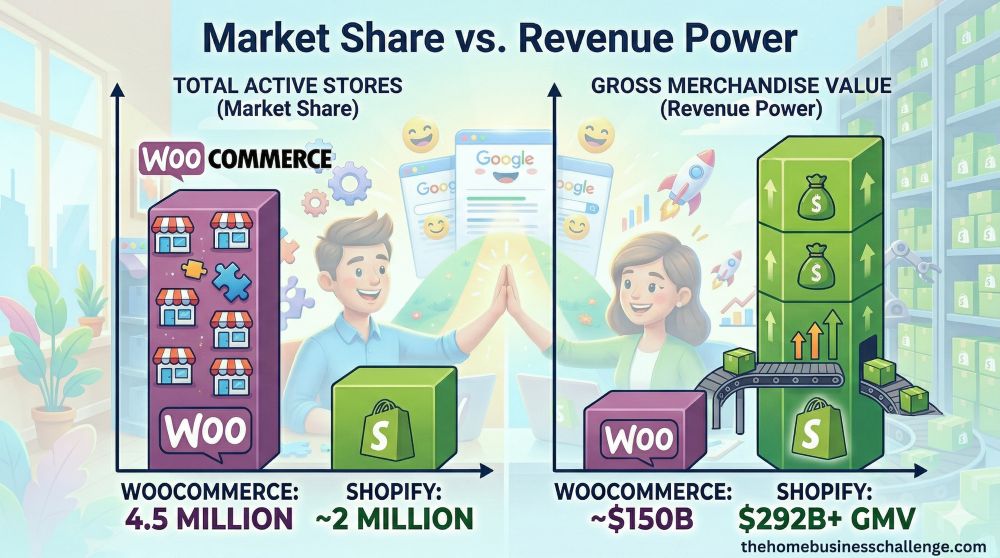 This side-by-side bar chart is designed to visualize the paradox your post discusses: WooCommerce leads in adoption, but Shopify leads in economic volume. It perfectly captures the difference between getting started and scaling.