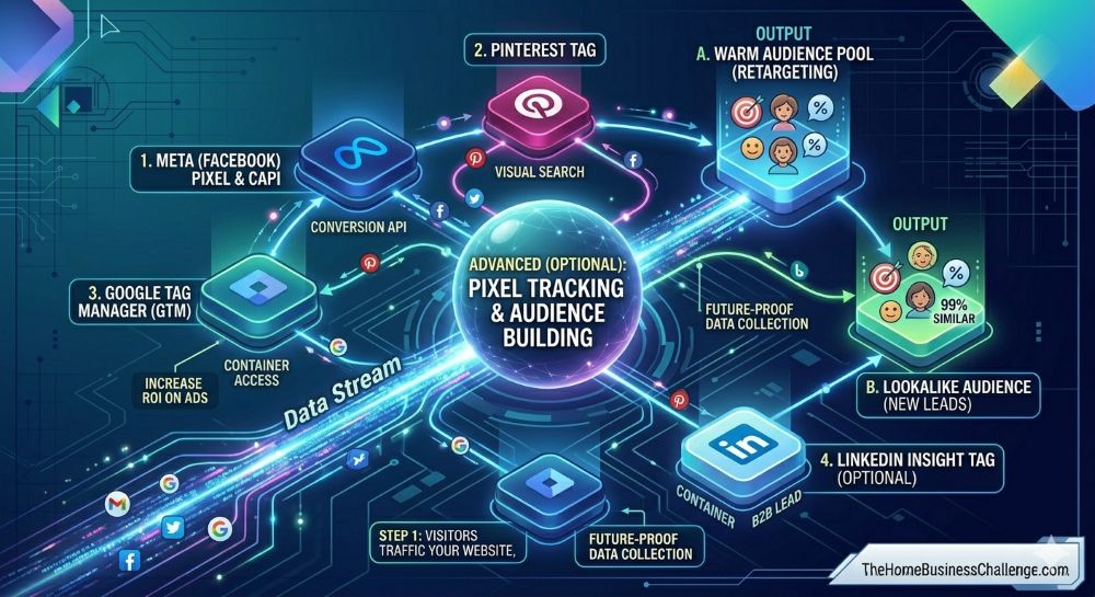 A digital diagram showing how Google Tag Manager (GTM) manages tracking pixels for Meta (Facebook) and Pinterest. It illustrates the flow of website traffic data into "Warm Audience Pools" and "Lookalike Audiences" for future retargeting and marketing