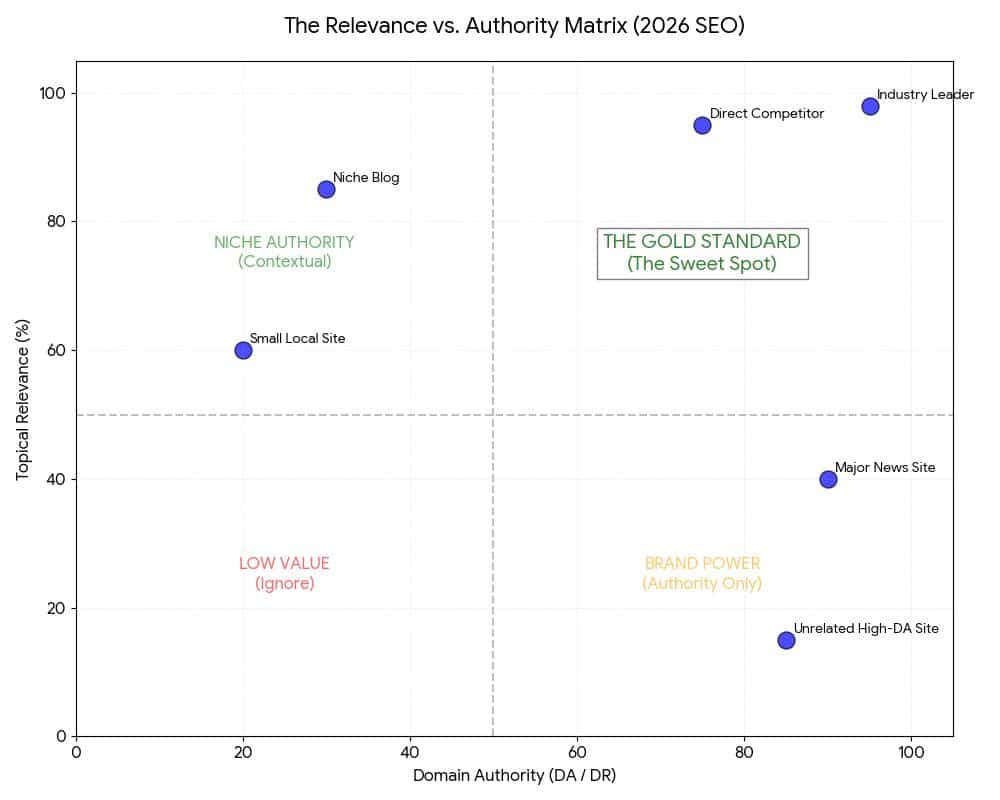 A scatter plot matrix titled 'The Relevance vs. Authority Matrix (2026 SEO)' showing four quadrants of backlink value. The horizontal axis represents 'Domain Authority (DA/DR)' and the vertical axis represents 'Topical Relevance (%)'. The quadrants are labeled 'The Gold Standard (The Sweet Spot)' for high authority and high relevance, 'Niche Authority (Contextual)' for high relevance but low authority, 'Brand Power (Authority Only)' for high authority but low relevance, and 'Low Value (Ignore)' for low values in both categories. Example points like 'Industry Leader' are shown in the gold standard area, while 'Niche Blog' is in the high relevance section.
