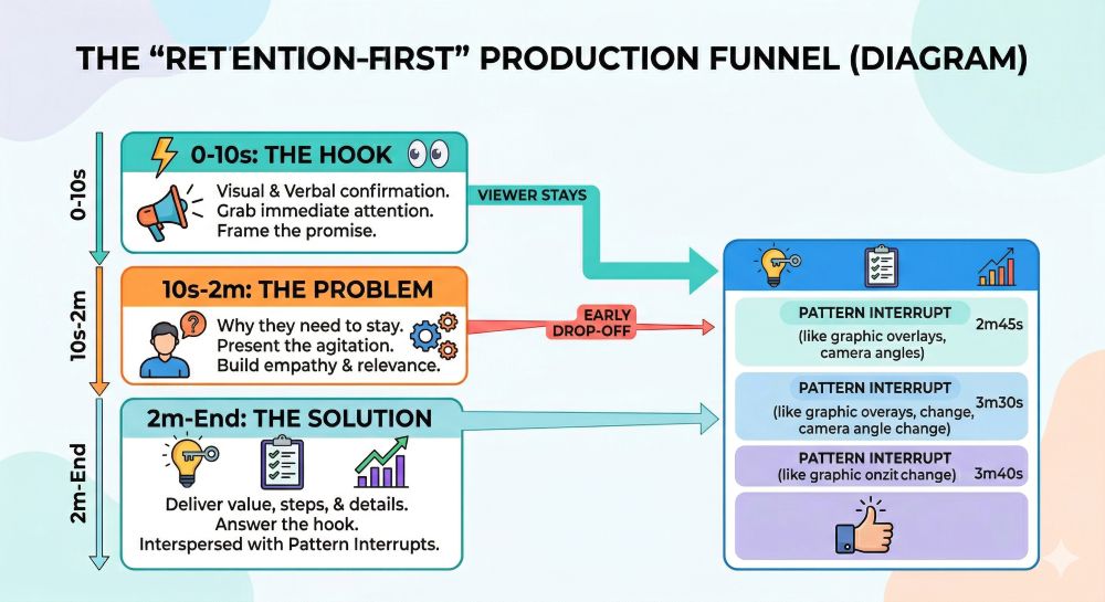 Flowchart diagram of a video production funnel showing the stages of a high-retention video: Hook, Problem, and Solution with pattern interrupts.