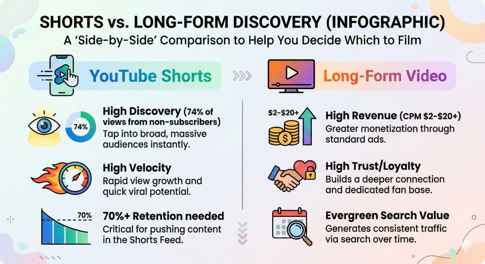 An infographic titled, 'SHORTS vs. LONG-FORM DISCOVERY (INFOGRAPHIC)', with the subtitle, 'A 'Side-by-Side' Comparison to Help You Decide Which to Film', compares YouTube Shorts and Long-Form Video side-by-side using icons, text and diagrams on a colorful background.