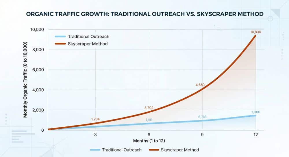 A line graph titled 'Organic Traffic Growth: Traditional Outreach vs. Skyscraper Method' comparing two SEO strategies over a 12-month period. The horizontal axis represents 'Months (1 to 12)' and the vertical axis represents 'Monthly Organic Traffic (0 to 10,000)'. A blue line representing 'Traditional Outreach' shows slow, linear growth reaching 2,360 visitors. An orange line representing the 'Skyscraper Method' shows an exponential curve, significantly outperforming the traditional method and reaching 10,830 visitors by month 12. The area under the Skyscraper curve is shaded in light orange to emphasize the compounding traffic gains.