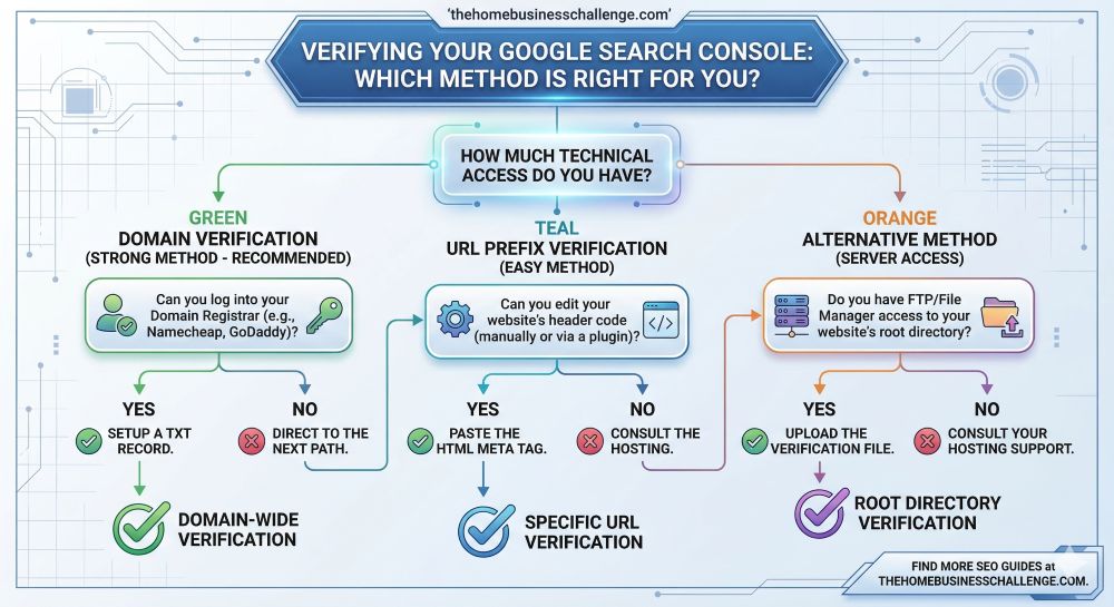 A technical flow chart for TheHomeBusinessChallenge.com showing three paths to verify Google Search Console: Domain Verification via DNS (Recommended), URL Prefix via HTML tag (Easy), and File Upload (Alternative). It helps users choose the best method based on their technical access.
