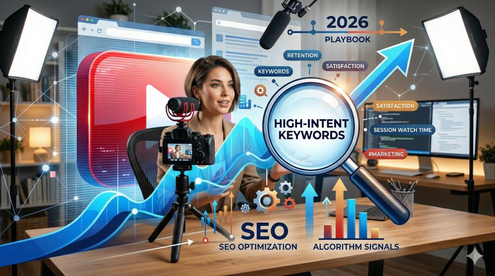 A female content creator sits at a desk in a video studio, speaking into a camera on a tripod flanked by softbox lights. Floating around her are glowing 3D graphical overlays, including a large YouTube logo, a growing blue growth arrow, and various floating text labels like "HIGH-INTENT KEYWORDS", "SEO OPTIMIZATION", and "2026 PLAYBOOK". The background features bookshelves and computer screens showing code.