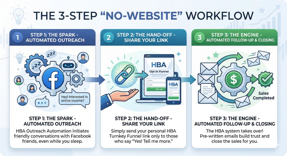 the 3-step no-website workflow for affiliate marketers. automated outreach, share your link, and automated follow-up and closing