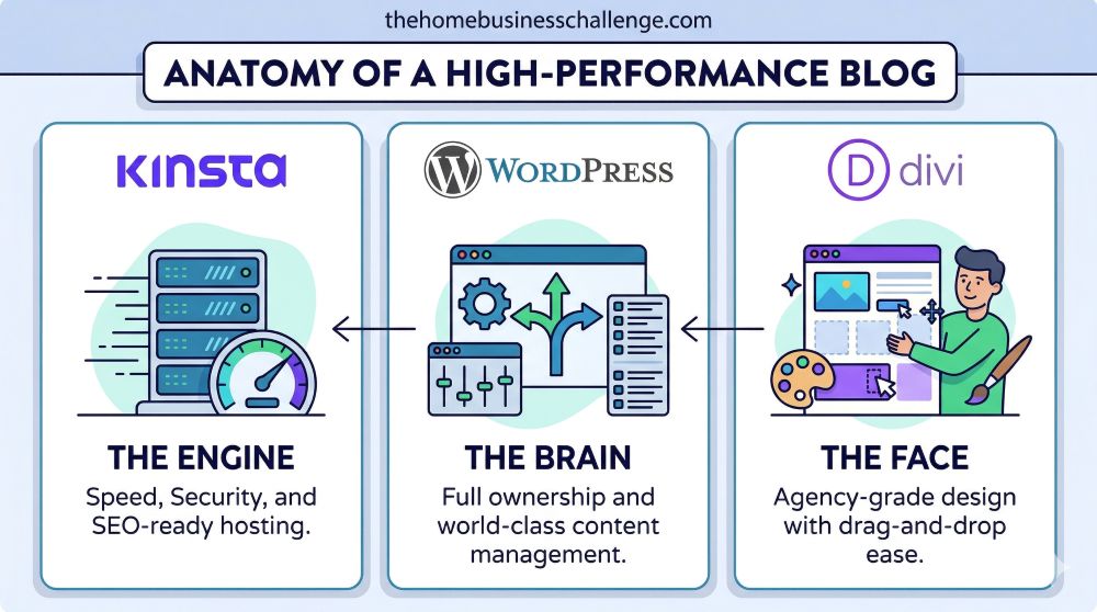 An infographic styled as a simple three-column layout, illustrating the three critical components of a high-performance blog: The Engine (Kinsta managed WordPress hosting for speed and security), The Brain (WordPress for full content management and ownership), and The Face (the Divi page builder for agency-grade, drag-and-drop design). Each column features illustrative icons and specific descriptions, showing how they connect to build a central high-performance blog.