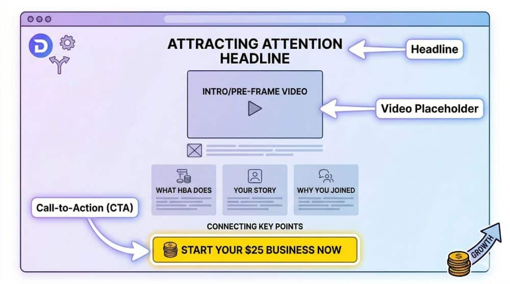 An educational schematic styled as a wireframe viewed through a web browser, demonstrating a simple but effective Bridge Page structure built in the Divi visual builder. The diagram uses glowing white arrows to point to the critical converting elements, including: 1) A centralized Attention Headline, 2) A large Intro/Pre-Frame Video placeholder, and 3) A clear Call-to-Action (CTA) button, simplified and highlighted to show readers exactly what they need to build.