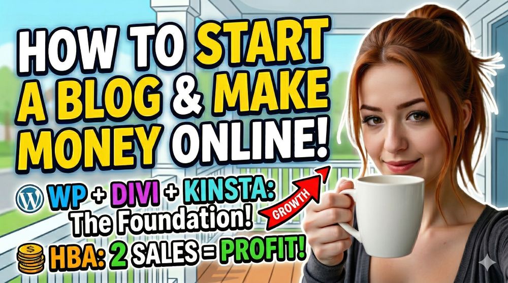 Becca Newton holding a coffee mug on a porch, featured in a professional blog header with bold text overlays reading How to Start a Blog & Make Money Online and icons for WordPress, Divi, Kinsta, and the HBA 2 Sales = Profit strategy.