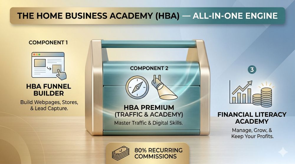 A clean, stylish 16:9 landscape infographic illustrating an all-in-one digital toolbox for female entrepreneurs. The central image is a modern, minimalist toolbox crafted from polished brushed teal and champagne gold. It sits on a subtle, warm wooden desk texture with a soft gradient background. Three main components are visually segmented: Component 1, at the top left, labeled 'HBA FUNNEL BUILDER' with an icon of a clean browser window showing a website being dragged-and-dropped. Small text below reads: 'Build Webpages, Stores, & Lead Capture.' Component 2, central, labeled 'HBA PREMIUM (TRAFFIC & ACADEMY)' with an icon of a compass and a spotlight. Small text reads: 'Master Traffic & Digital Skills.' Component 3, bottom right, labeled 'FINANCIAL LITERACY ACADEMY' with an icon of a growing graph and a glowing stack of coins. Small text reads: 'Manage, Grow, & Keep Your Profits.' A banner in brushed gold and teal across the entire top reads: 'THE HOME BUSINESS ACADEMY (HBA) — ALL-IN-ONE ENGINE.' At the very bottom, a definitive badge highlights '80% RECURRING COMMISSIONS.' The typography is clean, modern, and professional sans-serif.