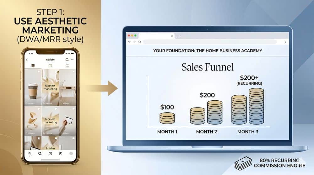 A clean, 16:9 landscape infographic illustrating the 'Hybrid Strategy.' On the left, a smartphone with a warm gold overlay shows an aesthetic 'explore' page with 'faceless marketing' square videos and small icons (a coffee cup and minimalist desk). Above it, bold text reads: 'STEP 1: USE AESTHETIC MARKETING (DWA/MRR style).' An arrow, colored like a gold gradient, moves from the phone and 'bridges' across to the central visualization. The main central visualization is a large, stylized laptop with a clean, professional 'Sales Funnel' page (similar in layout to HBA page in original, but in a clean view). It features a header 'YOUR FOUNDATION: THE HOME BUSINESS ACADEMY.' Below this, a visual graphic of a stacked chart grows monthly: 'MONTH 1 $100,' 'MONTH 2 $200,' and 'MONTH 3 $200+ (RECURRING)' clearly demonstrating compounding growth. At the bottom right corner, an icon of stacked checks with the label '80% RECURRING COMMISSION ENGINE' is present. The entire graphic uses clean sans-serif typography.
